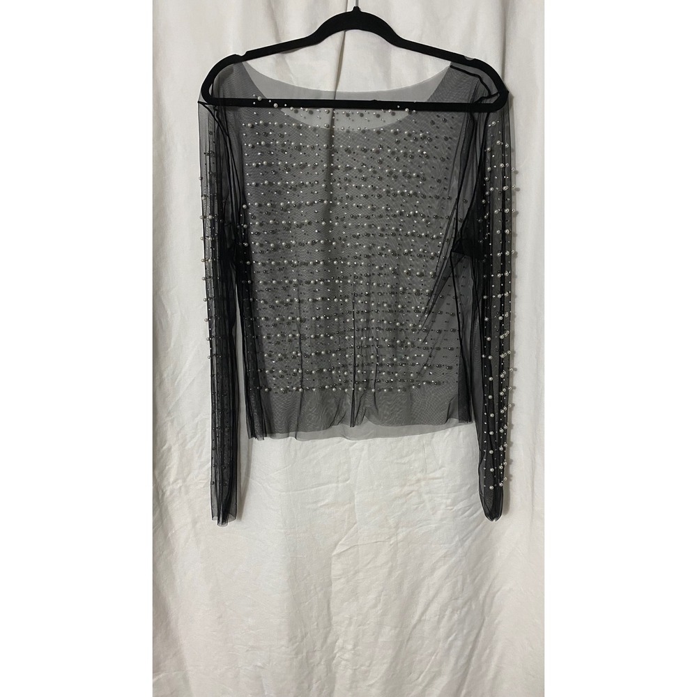 Black Sheer Mesh Pearl Rhinestone Long Sleeve Top Boat Neck XL